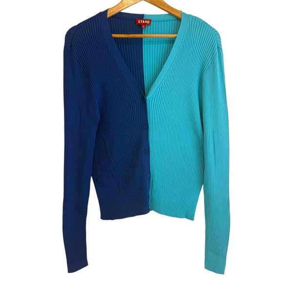 Staud The Cargo Blue and Turquoise Colour Block Ribbed Cardigan Sweater - Picture 2 of 7
